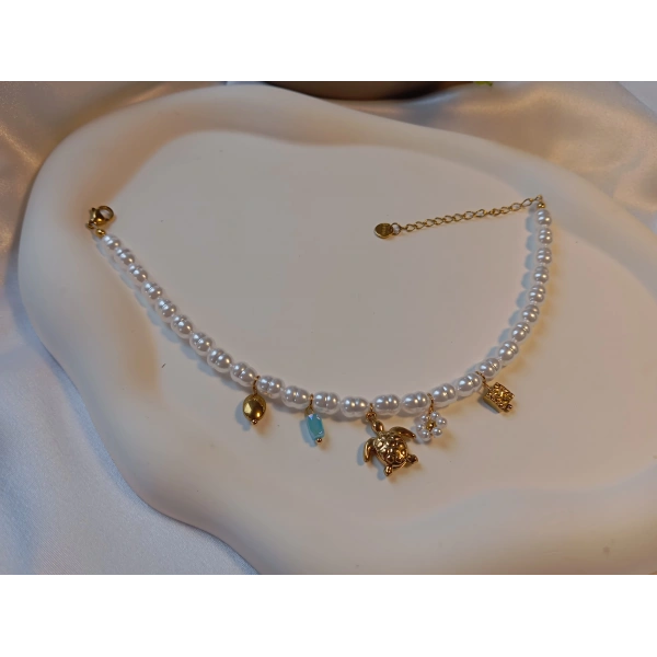 Euro Aksesuar Çelik 14 Ayar Altın Kaplama İncili ve Figürlü Halhal (22-27 cm)