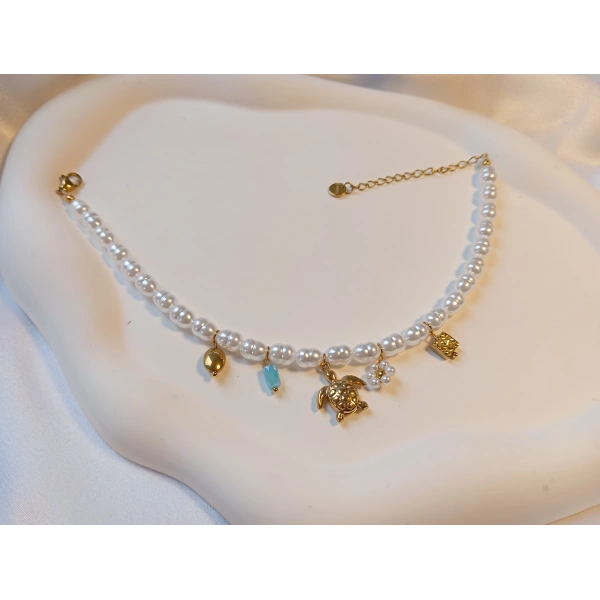 Euro Aksesuar Çelik 14 Ayar Altın Kaplama İncili ve Figürlü Halhal (22-27 cm)