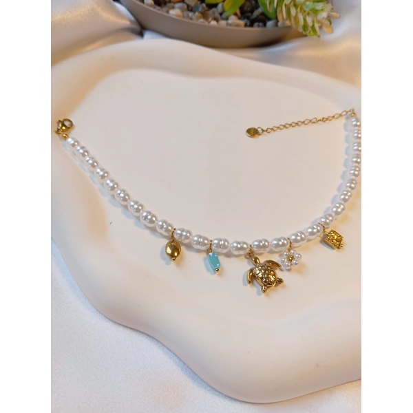 Euro Aksesuar Çelik 14 Ayar Altın Kaplama İncili ve Figürlü Halhal (22-27 cm)