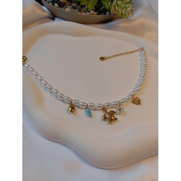 Euro Aksesuar Çelik 14 Ayar Altın Kaplama İncili ve Figürlü Halhal (22-27 cm)