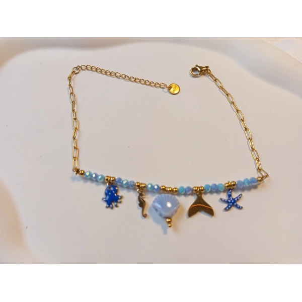 Euro Aksesuar Çelik 14 Ayar Altın Kaplama Marin Figürlü Kristal Halhal (22-27 cm)