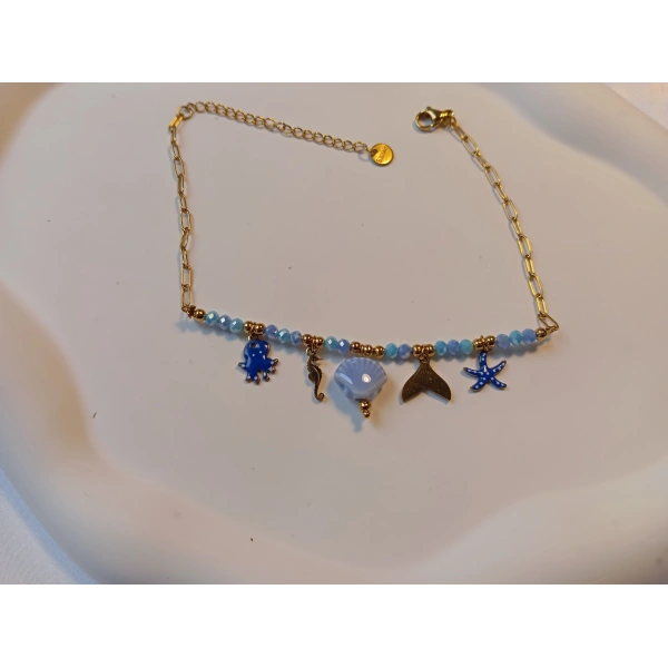 Euro Aksesuar Çelik 14 Ayar Altın Kaplama Marin Figürlü Kristal Halhal (22-27 cm)