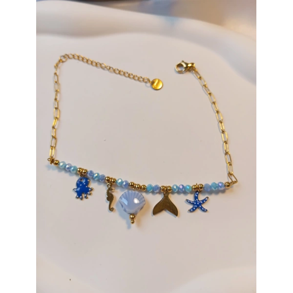 Euro Aksesuar Çelik 14 Ayar Altın Kaplama Marin Figürlü Kristal Halhal (22-27 cm)