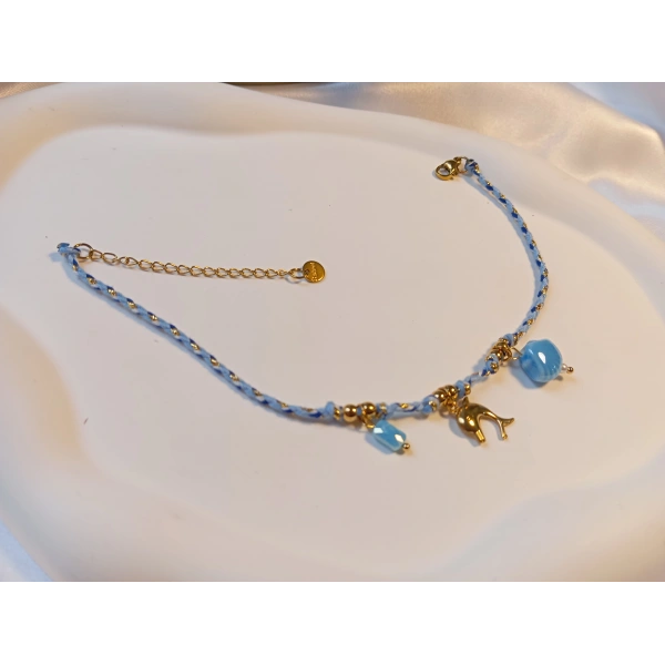 Euro Aksesuar Çelik 14 Ayar Altın Kaplama Yunus Figürlü Mavi Örgü Halhal (22-27 cm)