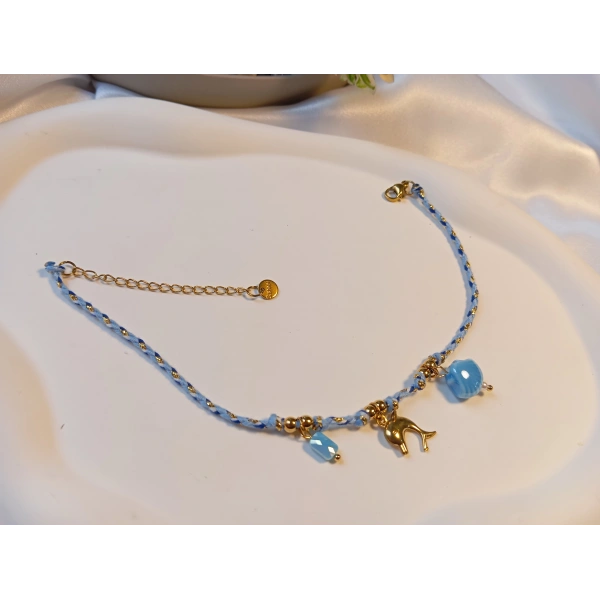 Euro Aksesuar Çelik 14 Ayar Altın Kaplama Yunus Figürlü Mavi Örgü Halhal (22-27 cm)