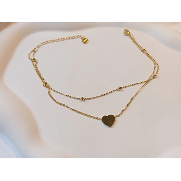 Euro Aksesuar Çelik 14 Ayar Altın Kaplama Çift Sıra Minimal Kalp Halhal (21-26 cm)