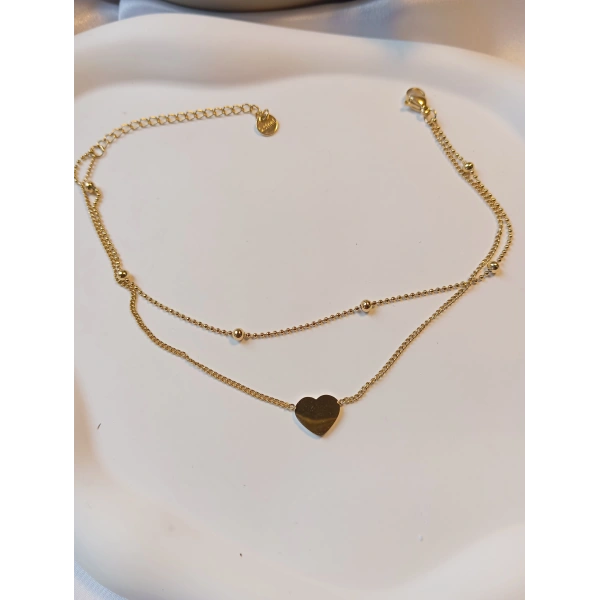 Euro Aksesuar Çelik 14 Ayar Altın Kaplama Çift Sıra Minimal Kalp Halhal (21-26 cm)