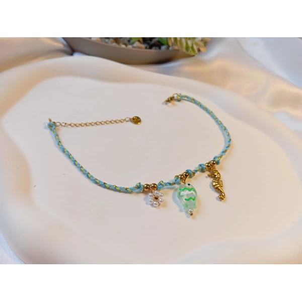 Euro Aksesuar Çelik 14 Ayar Altın Kaplama Deniz Atı Figürlü Turkuaz Örgü Halhal (21-26 cm)