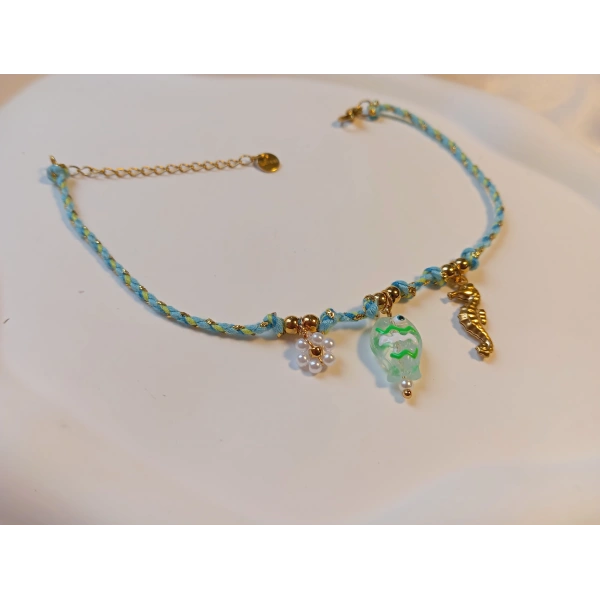 Euro Aksesuar Çelik 14 Ayar Altın Kaplama Deniz Atı Figürlü Turkuaz Örgü Halhal (21-26 cm)