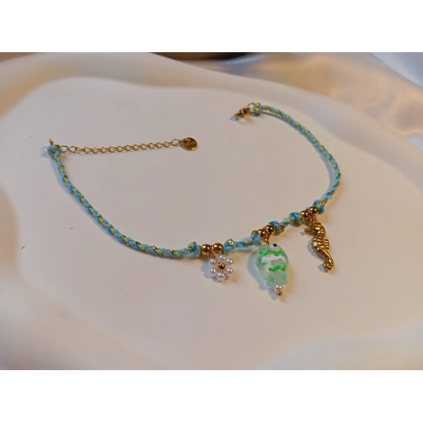 Euro Aksesuar Çelik 14 Ayar Altın Kaplama Deniz Atı Figürlü Turkuaz Örgü Halhal (21-26 cm)