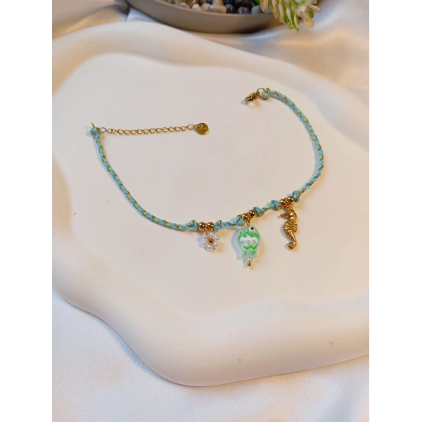 Euro Aksesuar Çelik 14 Ayar Altın Kaplama Deniz Atı Figürlü Turkuaz Örgü Halhal (21-26 cm)