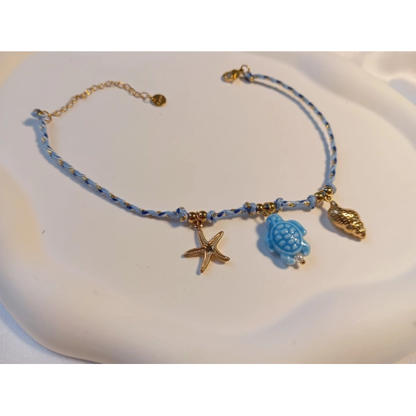 14K Altın Kaplama Çelik Deniz Yıldızı ve Kaplumbağa Figürlü Halhal (23-28 cm)