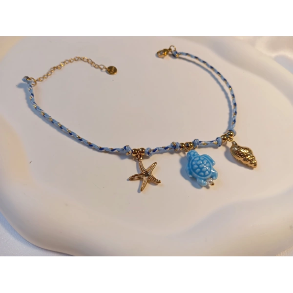 14K Altın Kaplama Çelik Deniz Yıldızı ve Kaplumbağa Figürlü Halhal (23-28 cm)