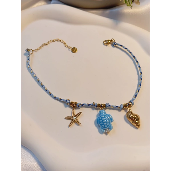 14K Altın Kaplama Çelik Deniz Yıldızı ve Kaplumbağa Figürlü Halhal (23-28 cm)