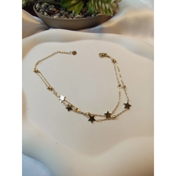 14K Altın Kaplama Çelik Çift Zincirli Yıldız Figürlü Halhal (21-26 cm)