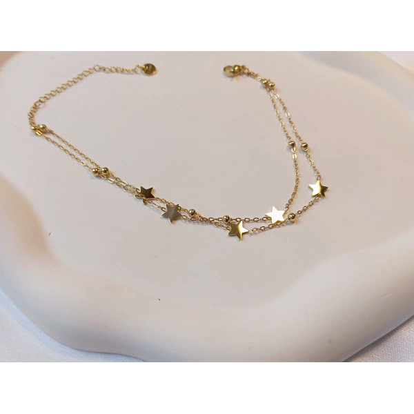 14K Altın Kaplama Çelik Çift Zincirli Yıldız Figürlü Halhal (21-26 cm)