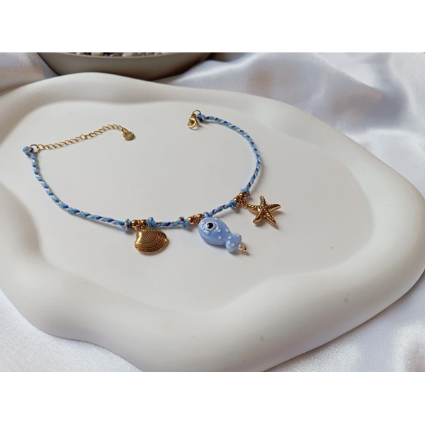 Euro Aksesuar 14K Altın Kaplama Deniz Yıldızı ve Balık Figürlü Çelik Halhal (22-27 cm)