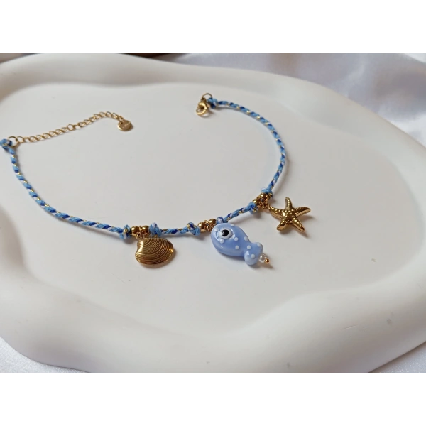 Euro Aksesuar 14K Altın Kaplama Deniz Yıldızı ve Balık Figürlü Çelik Halhal (22-27 cm)