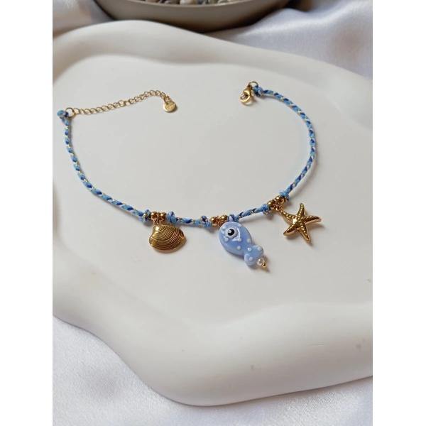 Euro Aksesuar 14K Altın Kaplama Deniz Yıldızı ve Balık Figürlü Çelik Halhal (22-27 cm)