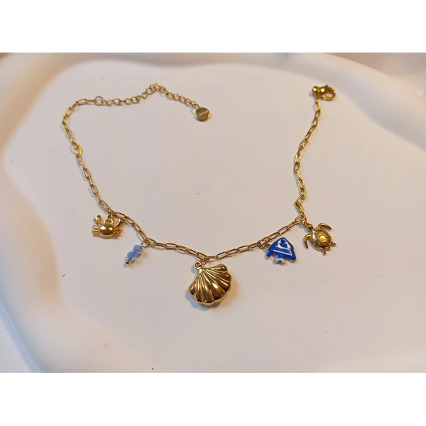 Euro Aksesuar Çelik 14 Ayar Altın Kaplama Deniz Kabuğu ve Yengeç Figürlü Halhal (22-27 cm)