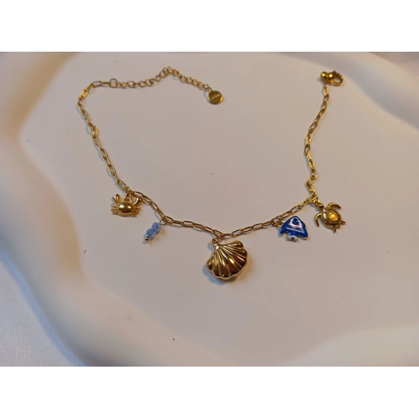 Euro Aksesuar Çelik 14 Ayar Altın Kaplama Deniz Kabuğu ve Yengeç Figürlü Halhal (22-27 cm)