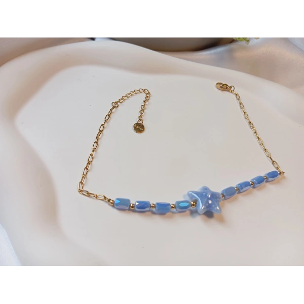 Euro Aksesuar Çelik 14 Ayar Altın Kaplama Mavi Yıldız Detaylı Halhal (23-28 cm)