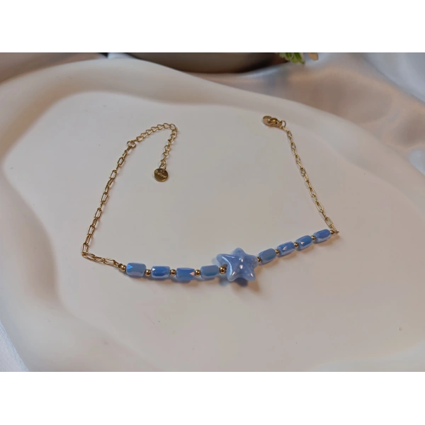 Euro Aksesuar Çelik 14 Ayar Altın Kaplama Mavi Yıldız Detaylı Halhal (23-28 cm)