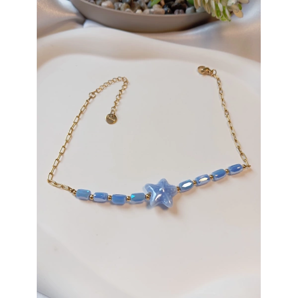 Euro Aksesuar Çelik 14 Ayar Altın Kaplama Mavi Yıldız Detaylı Halhal (23-28 cm)