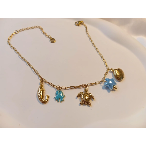 Euro Aksesuar Çelik 14 Ayar Altın Kaplama Deniz Dünyası Figürlü Halhal (23-28 cm)