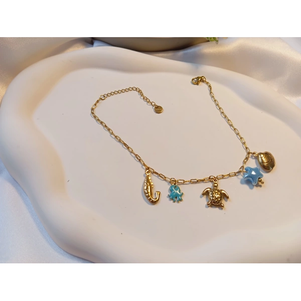 Euro Aksesuar Çelik 14 Ayar Altın Kaplama Deniz Dünyası Figürlü Halhal (23-28 cm)