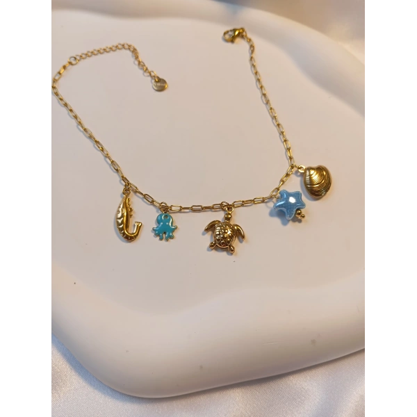 Euro Aksesuar Çelik 14 Ayar Altın Kaplama Deniz Dünyası Figürlü Halhal (23-28 cm)