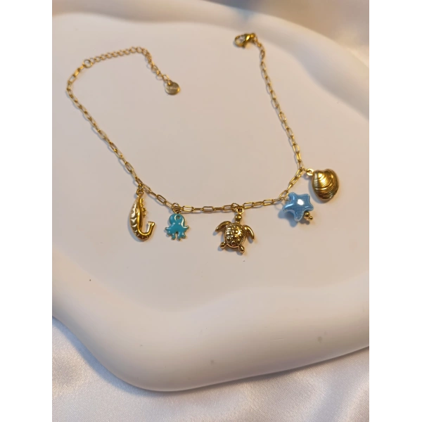 Euro Aksesuar Çelik 14 Ayar Altın Kaplama Deniz Dünyası Figürlü Halhal (23-28 cm)