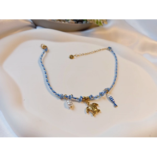 Euro Aksesuar Çelik 14 Ayar Altın Kaplama Marin Örgü Kordonlu Kaplumbağa Halhal (22-28 cm)