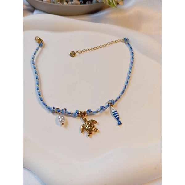 Euro Aksesuar Çelik 14 Ayar Altın Kaplama Marin Örgü Kordonlu Kaplumbağa Halhal (22-28 cm)