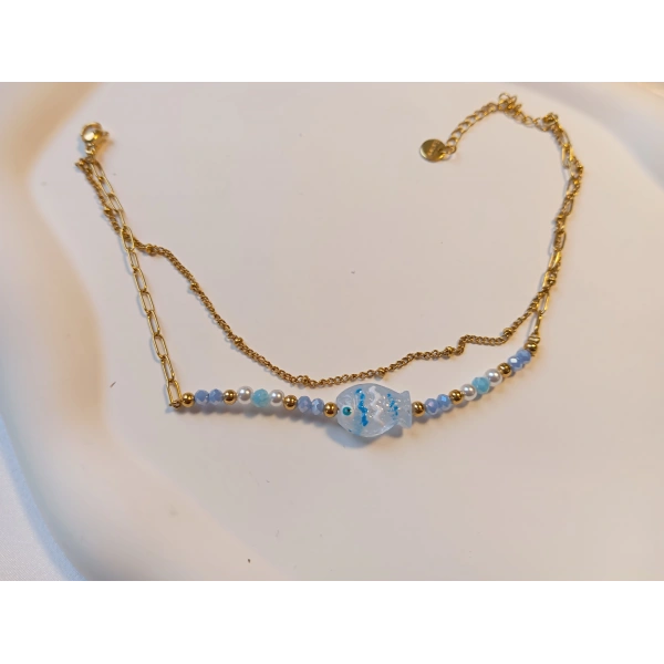 Euro Aksesuar Çelik 14 Ayar Altın Kaplama Çift Zincirli Cam Balık Halhal (21-27 cm)