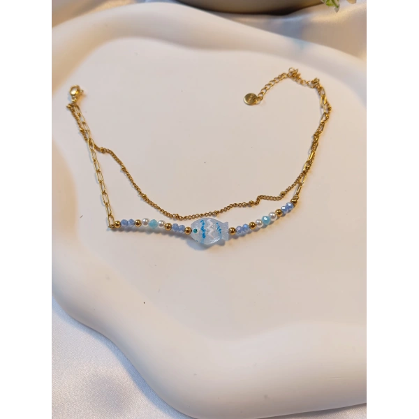 Euro Aksesuar Çelik 14 Ayar Altın Kaplama Çift Zincirli Cam Balık Halhal (21-27 cm)