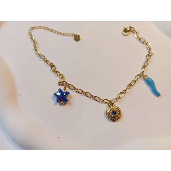 Euro Aksesuar Çelik 14 Ayar Altın Kaplama Göz ve Yıldız Figürlü Şans Halhalı (21-25 cm)