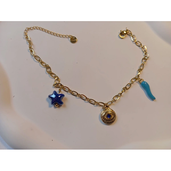 Euro Aksesuar Çelik 14 Ayar Altın Kaplama Göz ve Yıldız Figürlü Şans Halhalı (21-25 cm)