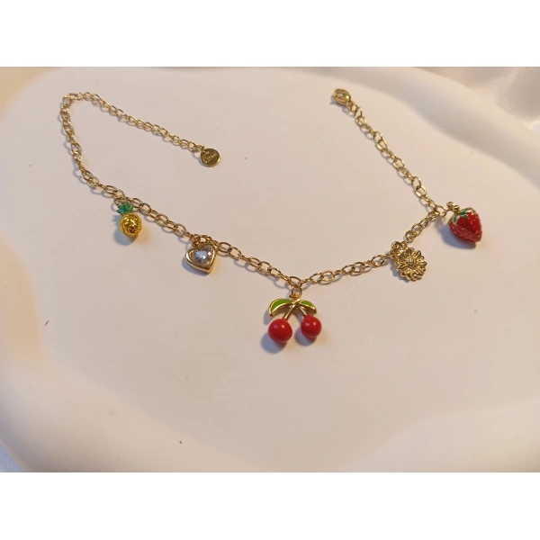 Euro Aksesuar Çelik 14 Ayar Altın Kaplama Karışık Meyve Figürlü ve Taşlı Halhal (21-27 cm)