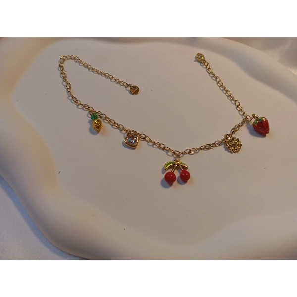 Euro Aksesuar Çelik 14 Ayar Altın Kaplama Karışık Meyve Figürlü ve Taşlı Halhal (21-27 cm)