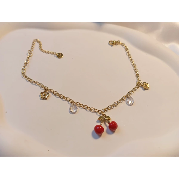 Euro Aksesuar Çelik 14 Ayar Altın Kaplama Kiraz Figürlü ve Taşlı Halhal (21-27 cm)