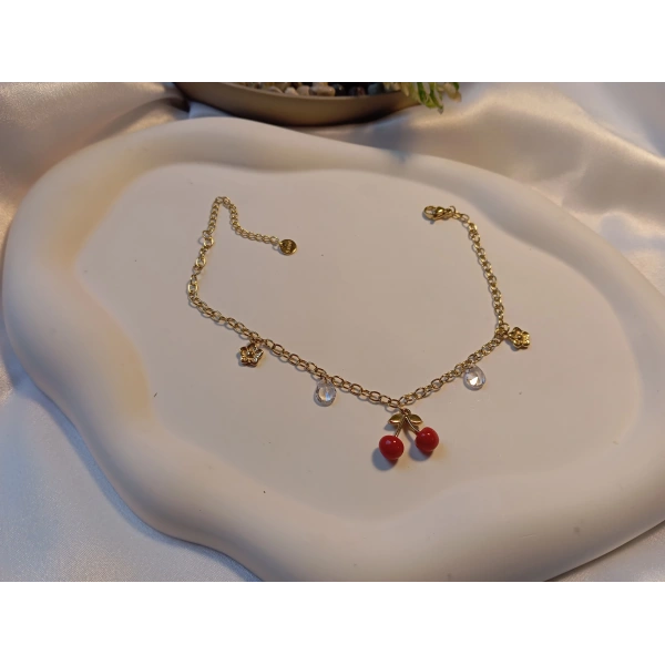 Euro Aksesuar Çelik 14 Ayar Altın Kaplama Kiraz Figürlü ve Taşlı Halhal (21-27 cm)