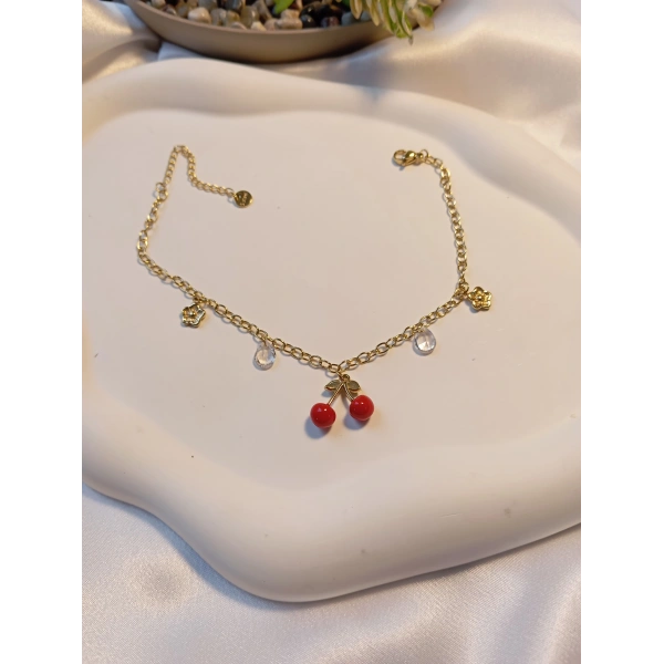 Euro Aksesuar Çelik 14 Ayar Altın Kaplama Kiraz Figürlü ve Taşlı Halhal (21-27 cm)