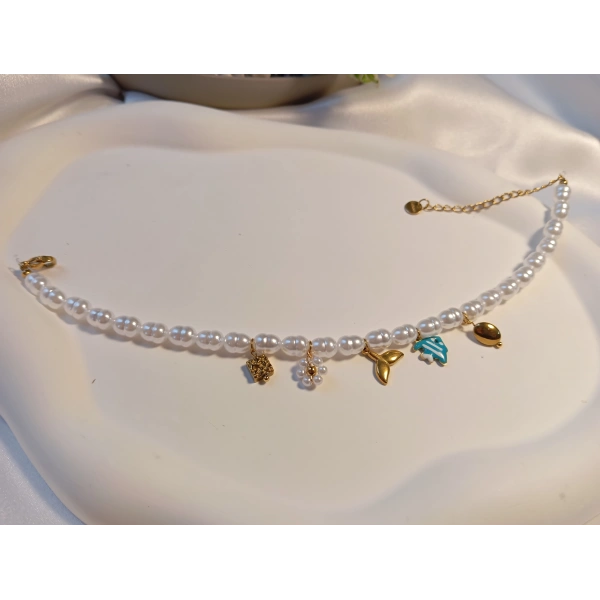 Euro Aksesuar Çelik 14 Ayar Altın Kaplama İncili Deniz Temalı Halhal (21-27 cm)