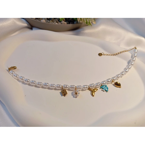 Euro Aksesuar Çelik 14 Ayar Altın Kaplama İncili Deniz Temalı Halhal (21-27 cm)