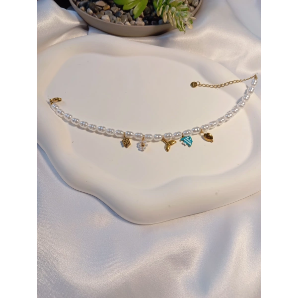 Euro Aksesuar Çelik 14 Ayar Altın Kaplama İncili Deniz Temalı Halhal (21-27 cm)