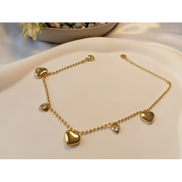 Euro Aksesuar Çelik 14 Ayar Altın Kaplama Kalpli Halhal (21-28 cm)