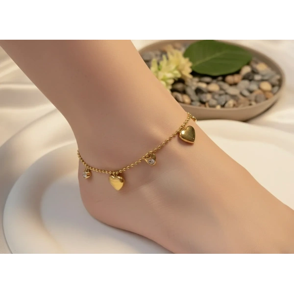 Euro Aksesuar Çelik 14 Ayar Altın Kaplama Kalpli Halhal (21-28 cm)