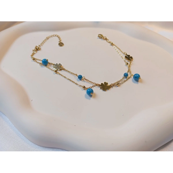 Euro Aksesuar 14K Altın Kaplama Çift Zincirli Yonca Çelik Halhal