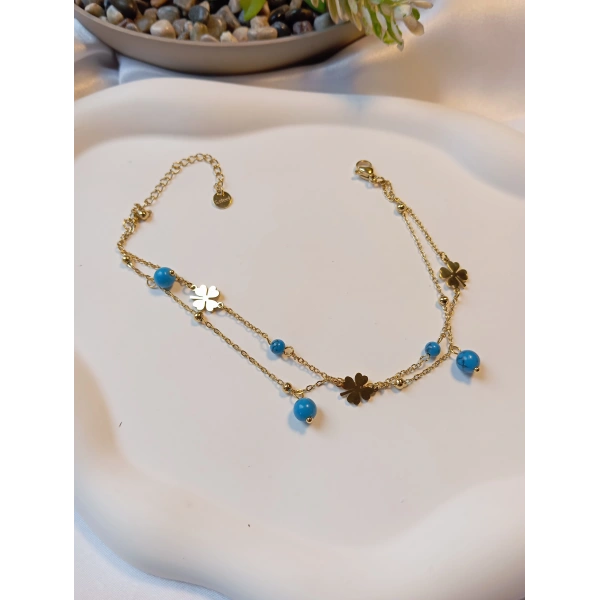 Euro Aksesuar 14K Altın Kaplama Çift Zincirli Yonca Çelik Halhal